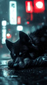 Rain soaked husky sleeps on neon lit city street