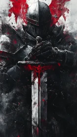 Armored dark knight grips bloodstained sword in shadow