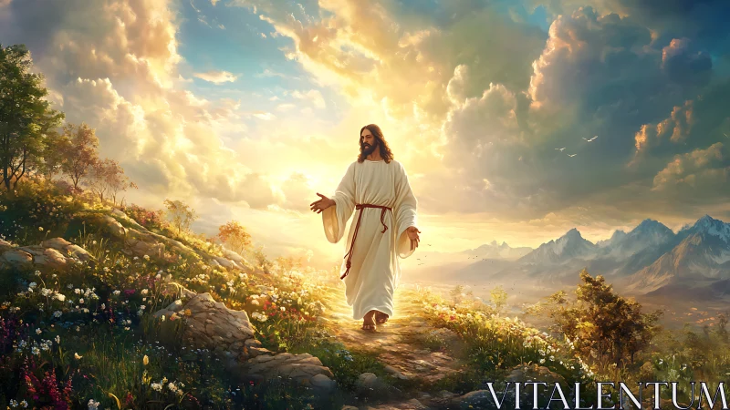 Figure in white robe walks on sunlit mountain path at dawn