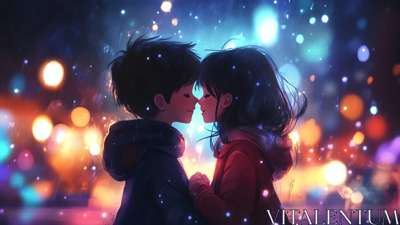 Two children share a tender moment in glowing city rain