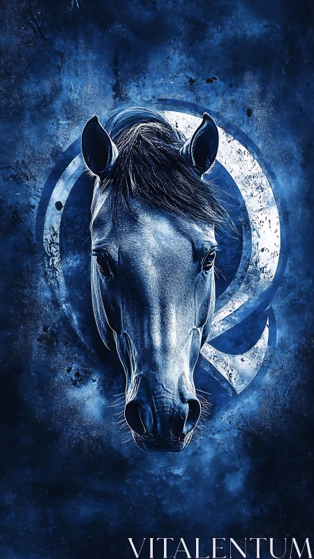 Monochrome blue digital horse portrait with circular sigil
