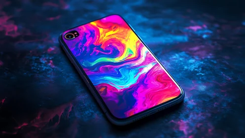 Liquid gradient smartphone display with iridescent fluid dynamics rendered in vibrant neon spectrum