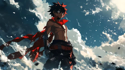 Anime warrior with red scarf standing under dramatic sky.