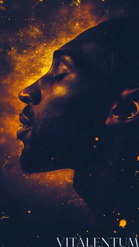 Peaceful side profile glowing in warm cosmic light.