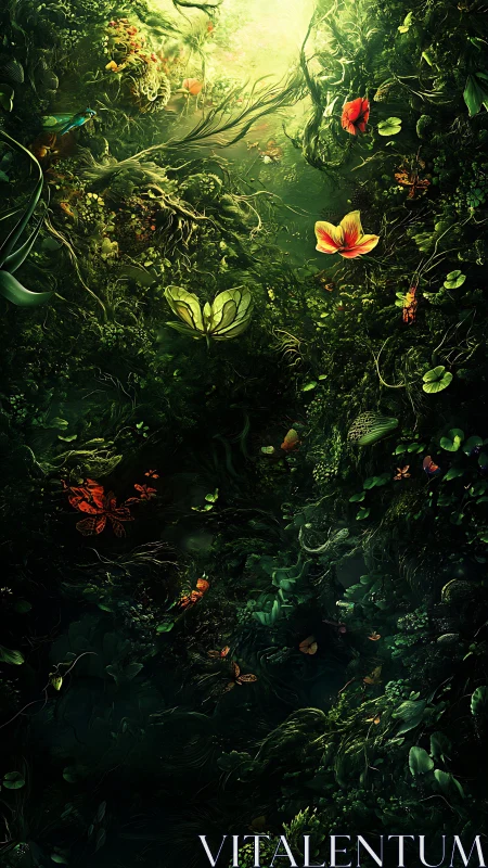 Luminous butterflies drift through dense enchanted jungle