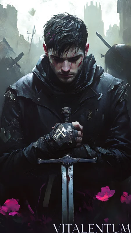 Battle-worn knight bows over bloodstained sword in ruins