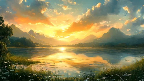 Radiant mountain lake sunset reflects glowing pastel skies.