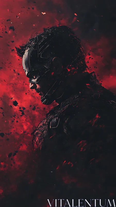 Dark armored hero profile amid burning red embers.