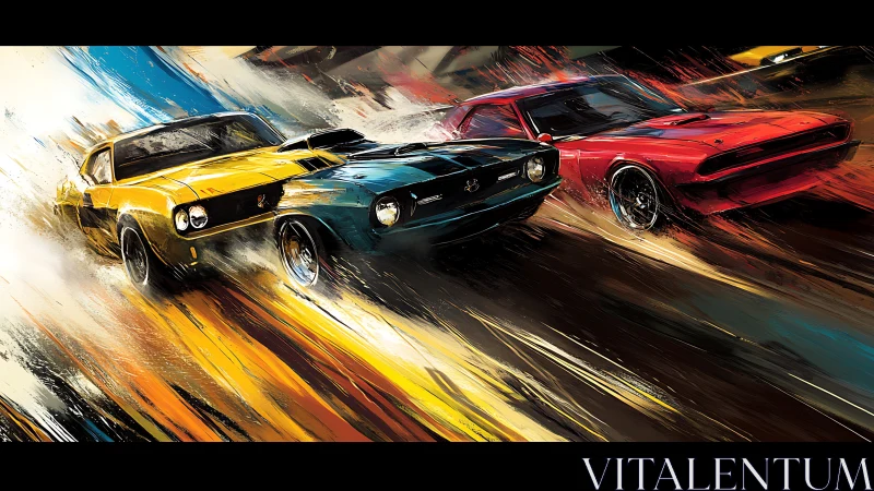 Tri-color muscle car sprint rendered with dynamic motion streaks