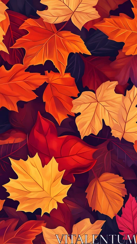 Digital pattern of layered orange and red autumn leaves.