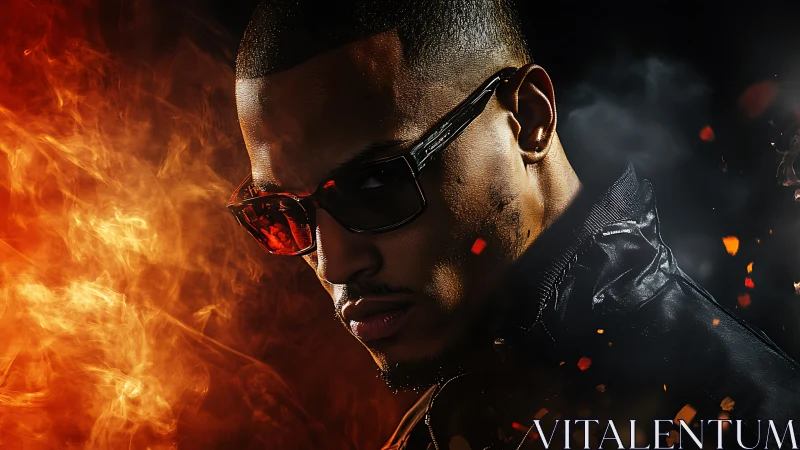 Portrait shows man in sunglasses amid contrasting fire and smoke