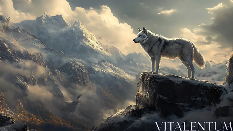 White wolf on rocky outcrop above misty mountain range.