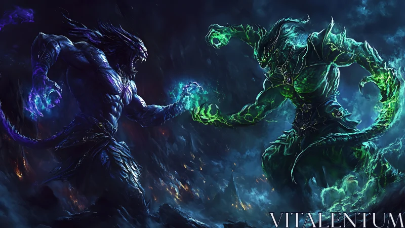 Two demonic warriors clash with glowing elemental energy