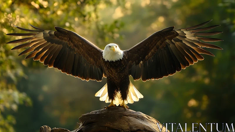 Majestic bald eagle with wings spread wide in golden forest light.