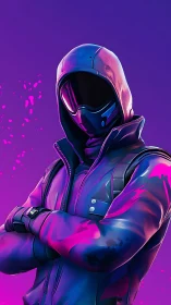 Neon-clad hooded operative in vibrant cyberpunk glow.