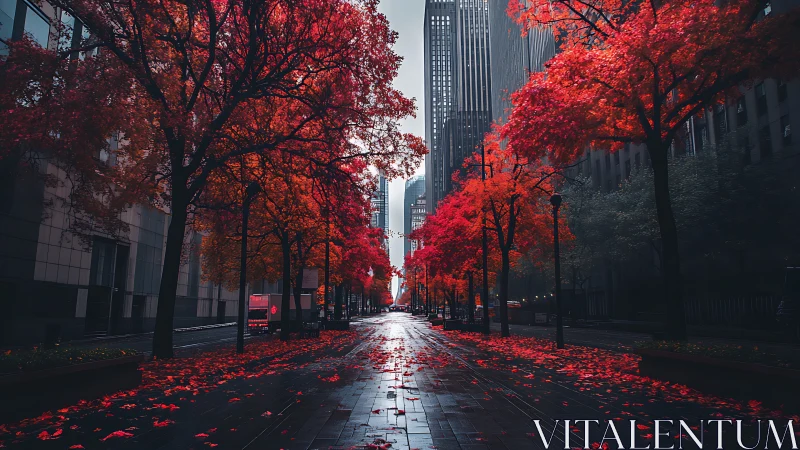 Urban street shows wet pavement and aligned red autumn trees