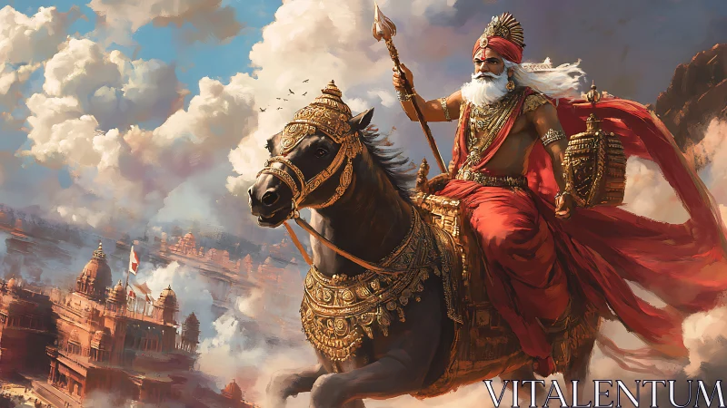 Warrior sage rides armored steed above ancient city battlements