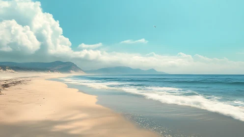 Coastal shoreline with soft waves under cyan midday sky.