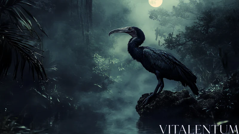 Dark Heron in Moonlit Swamp Environment
