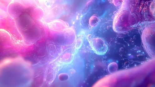 Abstract microscopic cells in vibrant neon colors, digital art style.