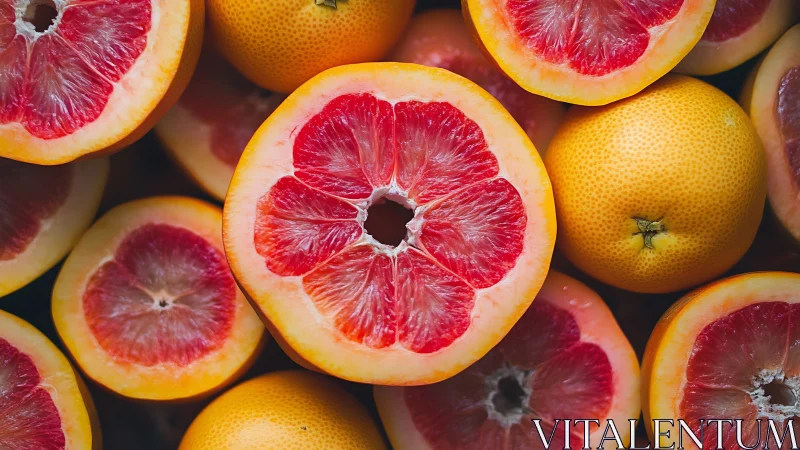 Vibrant halved grapefruits reveal saturated ruby pulp rings