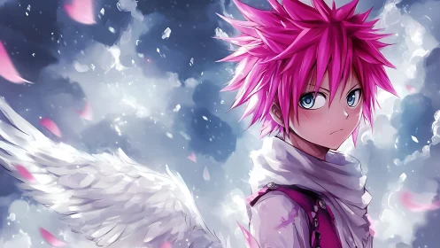 Winged pink haired anime boy in dynamic celestial bloom.