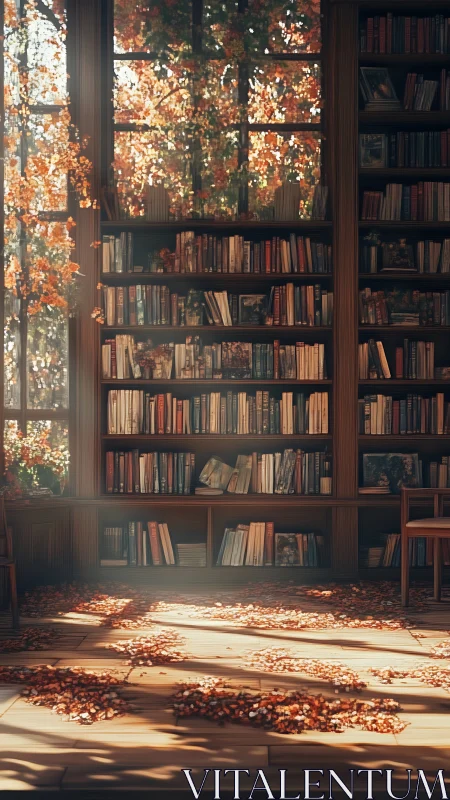 Cozy autumn library drenched in soft golden daylight.