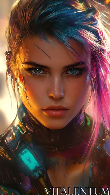 Neon-haired cyberpunk heroine stares ahead in blazing twilight