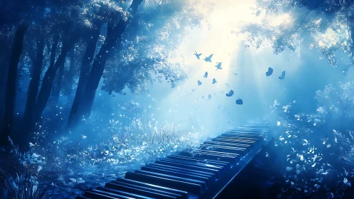 Surreal blue forest with piano key path and butterflies.