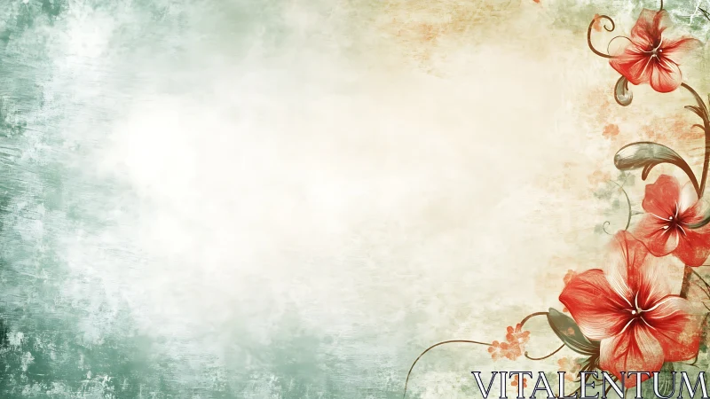 Vintage watercolor composition with coral botanical elements and layered translucent texture.