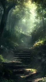 Luminescent Woodland Stairway Through Emerald Shadows.