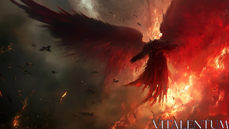 Armored crimson angel descending within apocalyptic firestorm.