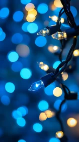 Blue and gold string lights glow amid dreamy bokeh backdrop.