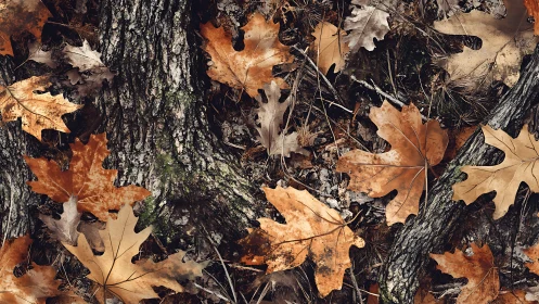 Photorealistic study of oak leaf litter on textured forest floor.