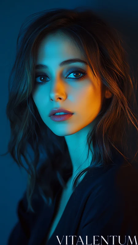 Moody neon portrait captures introspective woman in dual light