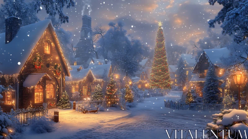 Snow-laden village street with illuminated Christmas architecture.