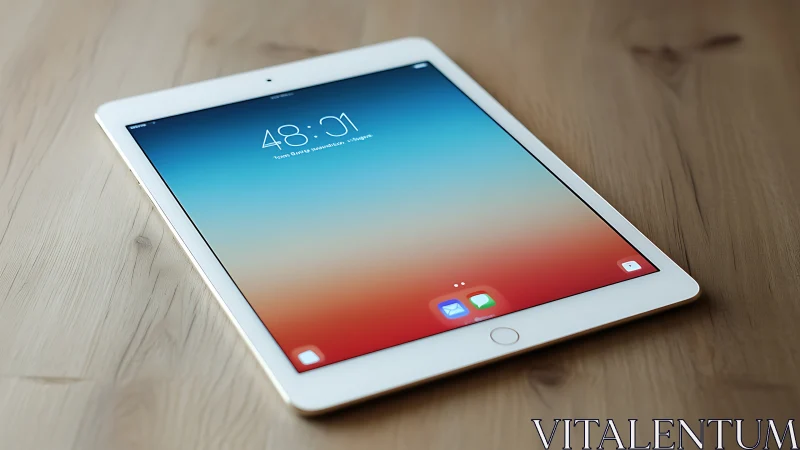 White iPad displaying iOS lock screen on wooden surface.