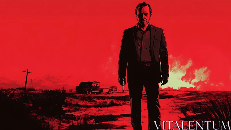 Man with gun stands in stark red desert as fire burns behind