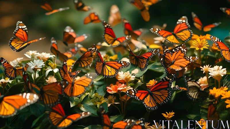 Monarch butterflies occupy flowering plants in shallow focus.