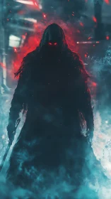 Shadowed wanderer wrapped in red mist and quiet menace.