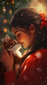 Girl holds cat close beside decorated Christmas tree