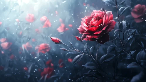 Red Rose in Misty Garden with Blue Foliage.