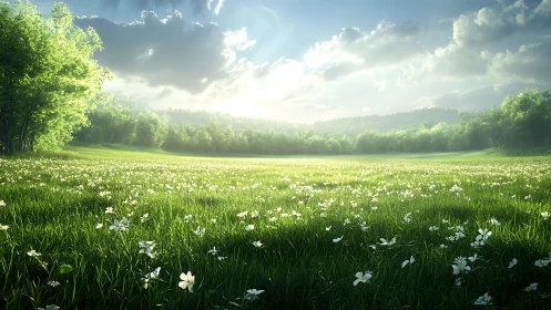 Sunlit wildflower meadow opens to a tranquil forest horizon