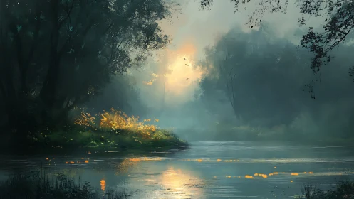Mist-covered forest river reflects diffused backlit sunrise