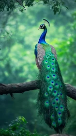 Isolated peacock on branch with high saturation plumage and smooth bokeh