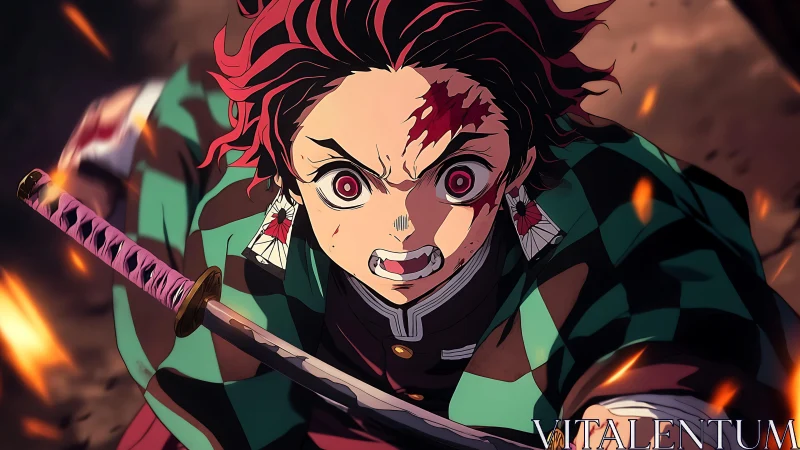 Determined anime swordsman charges through flying embers in fury