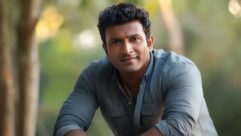 Portrait of man outdoors with soft background blur.