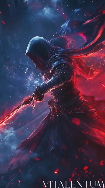 Hooded blade dancer strides through stormlit crimson night.