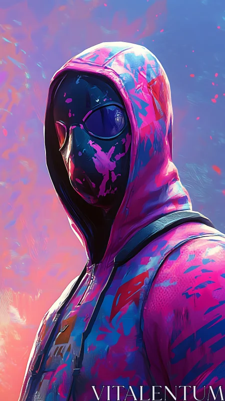 Neon hooded figure in mask against abstract sky background.