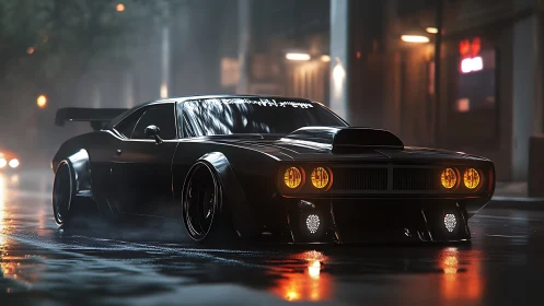Midnight muscle prowler under rain-slick neon streets.
